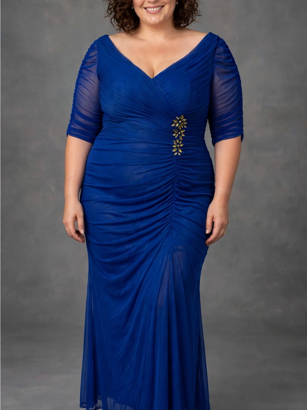 Adrianna Papell Royal Blue Ruched V-Neck Maxi Gown with Side Embellishment